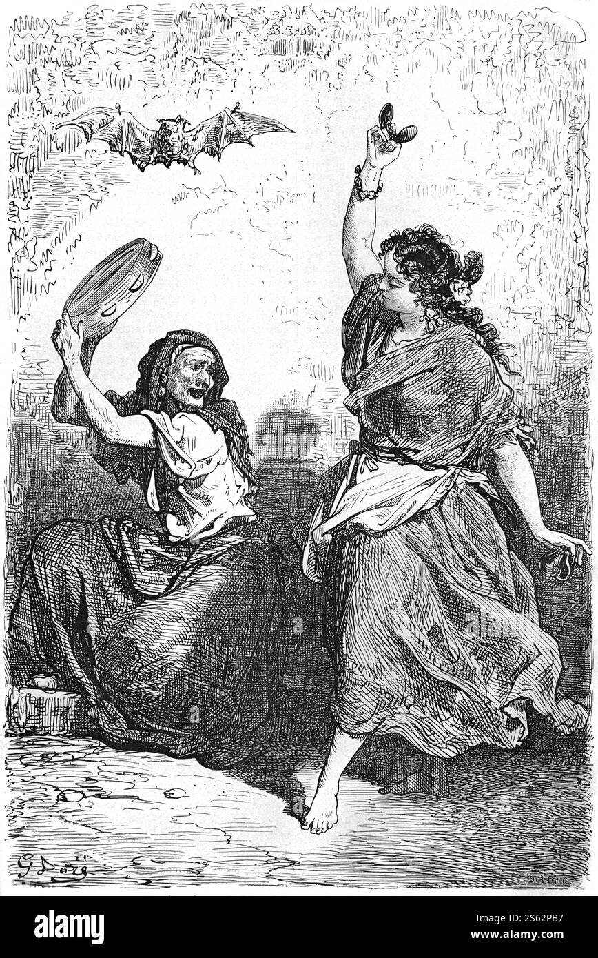 Zingari di Granada, donne zingare, rom o rom che ballano lo Zorongo, una forma di Palo, Cante o Flamenco nella musica popolare andalusa a Sacromonte o Sacramonte Granada Andalusia Spagna. Incisione vintage o storica o illustrazione di Gustave Doré 1864 Foto Stock