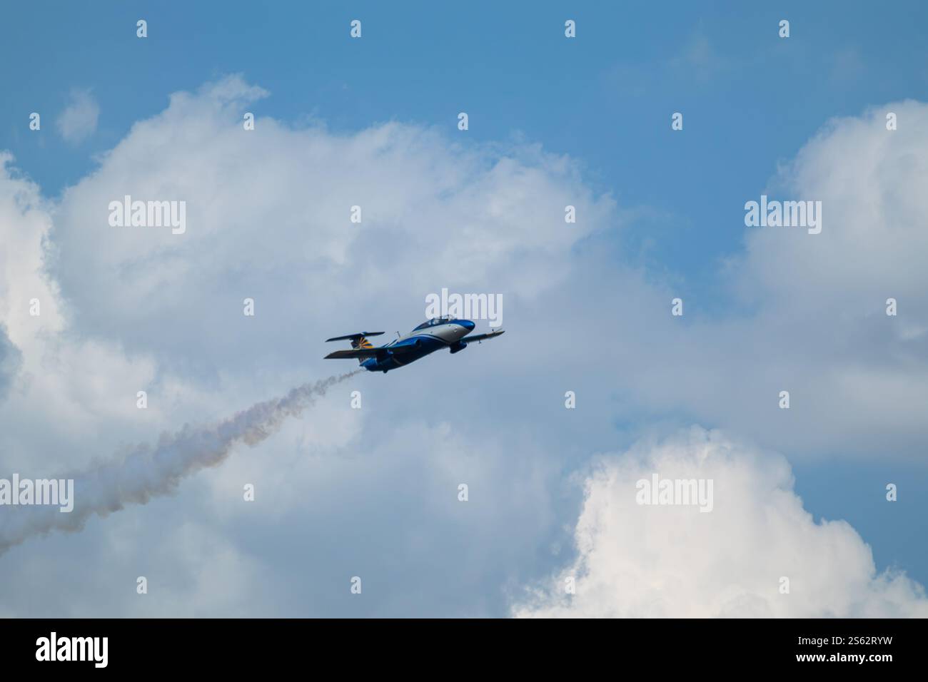 Spettacolo aereo di Aero L-29 Delfín con piste di vapore su sfondo nuvoloso Foto Stock
