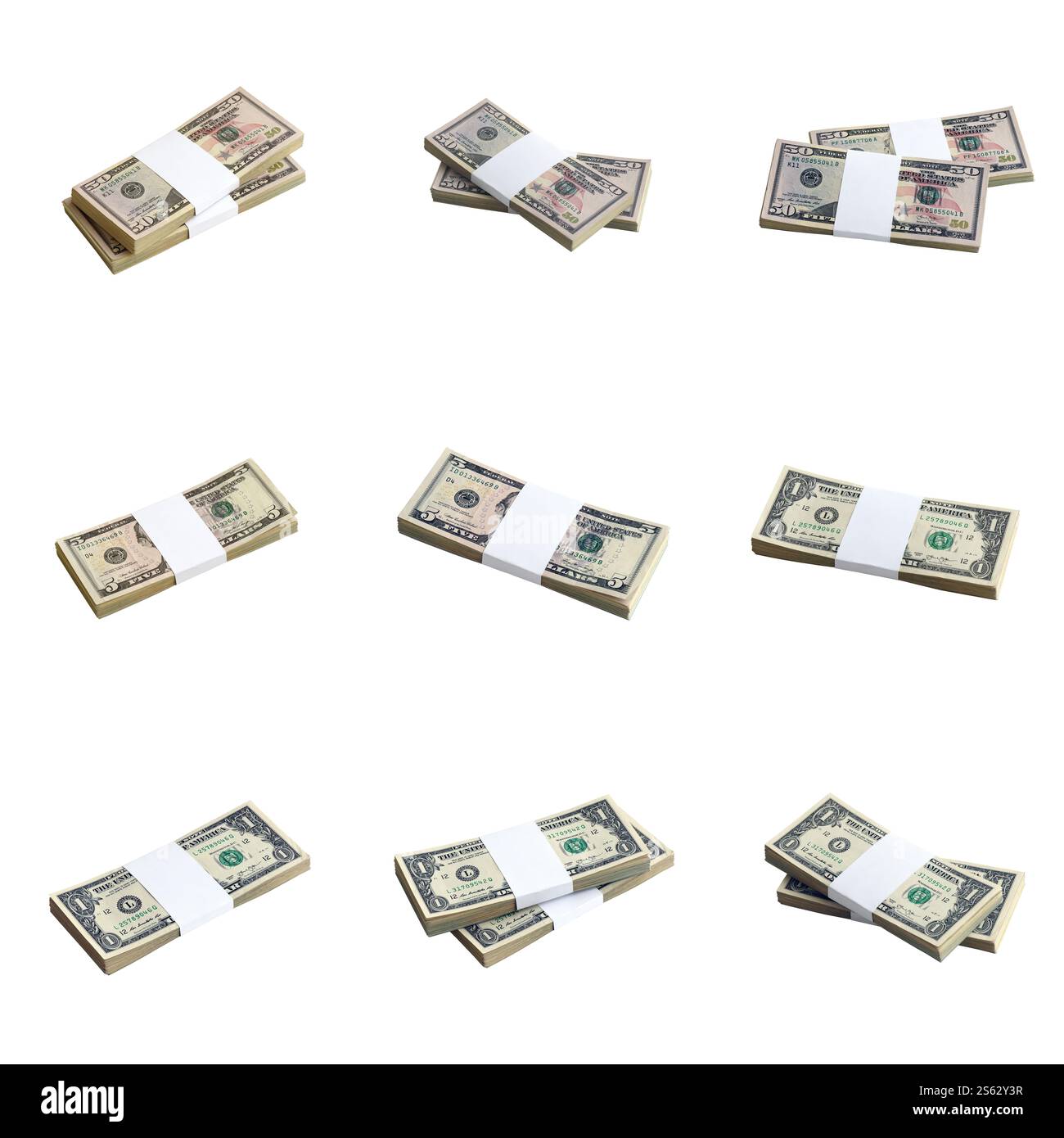 Grande serie di pacchetti di banconote in dollari USA isolate su bianco. Collage con molte confezioni di denaro americano con alta risoluzione su sfondo bianco perfetto Foto Stock