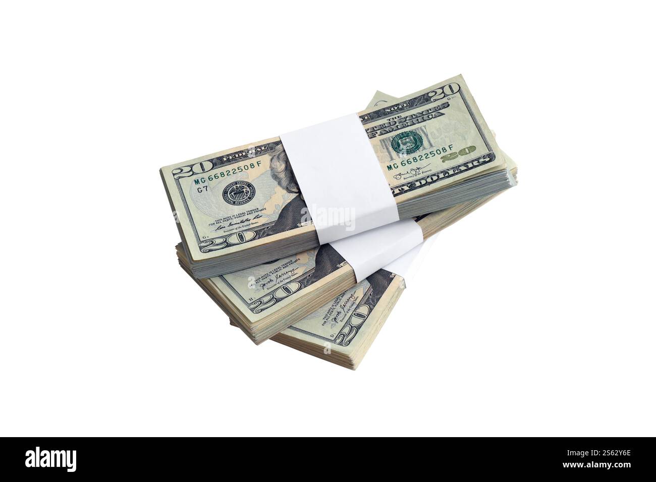 Pacchetto di banconote in dollari USA isolate su bianco. Confezione di denaro americano ad alta risoluzione su sfondo bianco perfetto come oggetto per il design. Pacchetto di Foto Stock