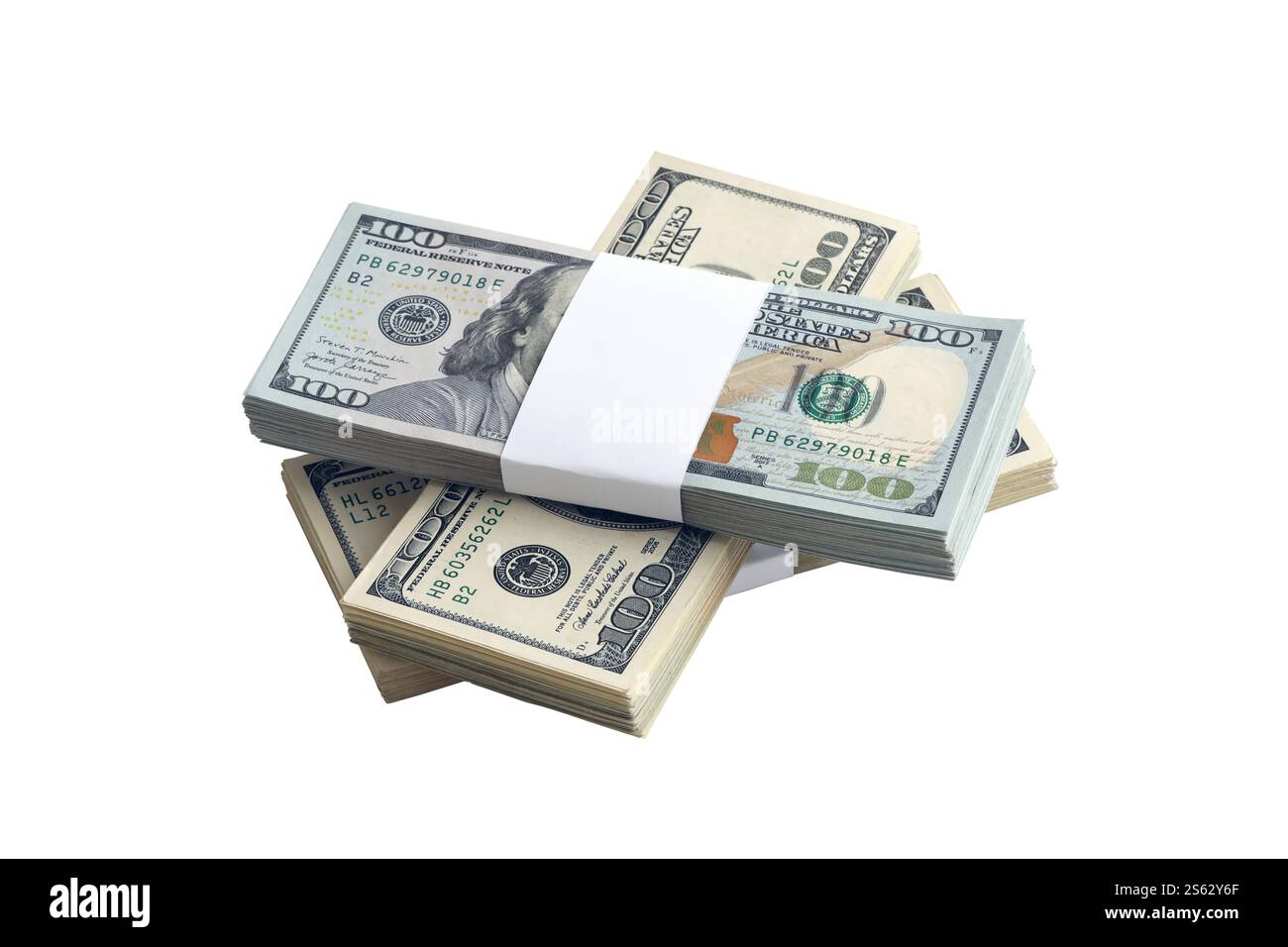 Pacchetto di banconote in dollari USA isolate su bianco. Confezione di denaro americano ad alta risoluzione su sfondo bianco perfetto come oggetto per il design. Pacchetto di Foto Stock