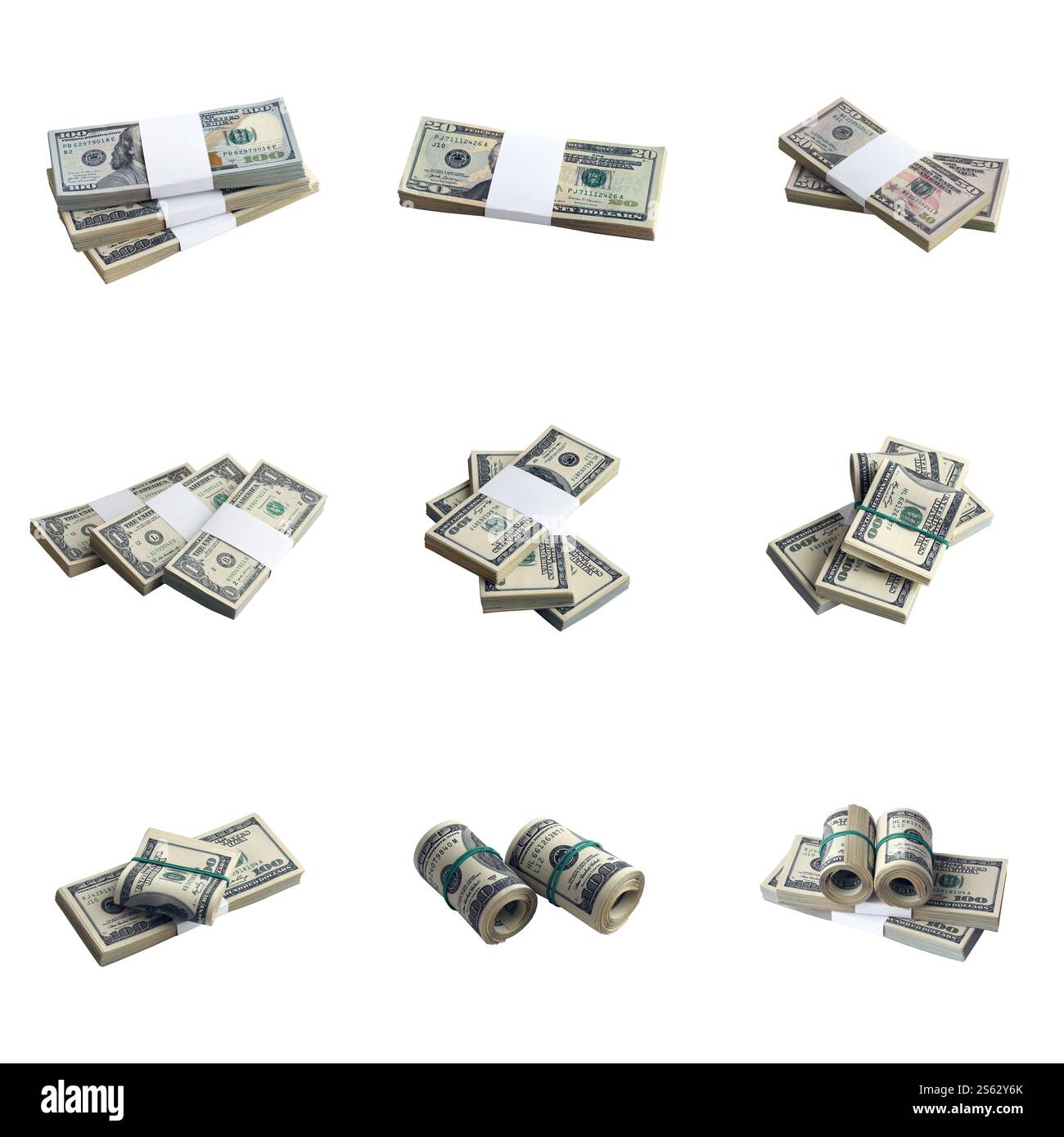 Grande serie di pacchetti di banconote in dollari USA isolate su bianco. Collage con molte confezioni di denaro americano con alta risoluzione su sfondo bianco perfetto Foto Stock