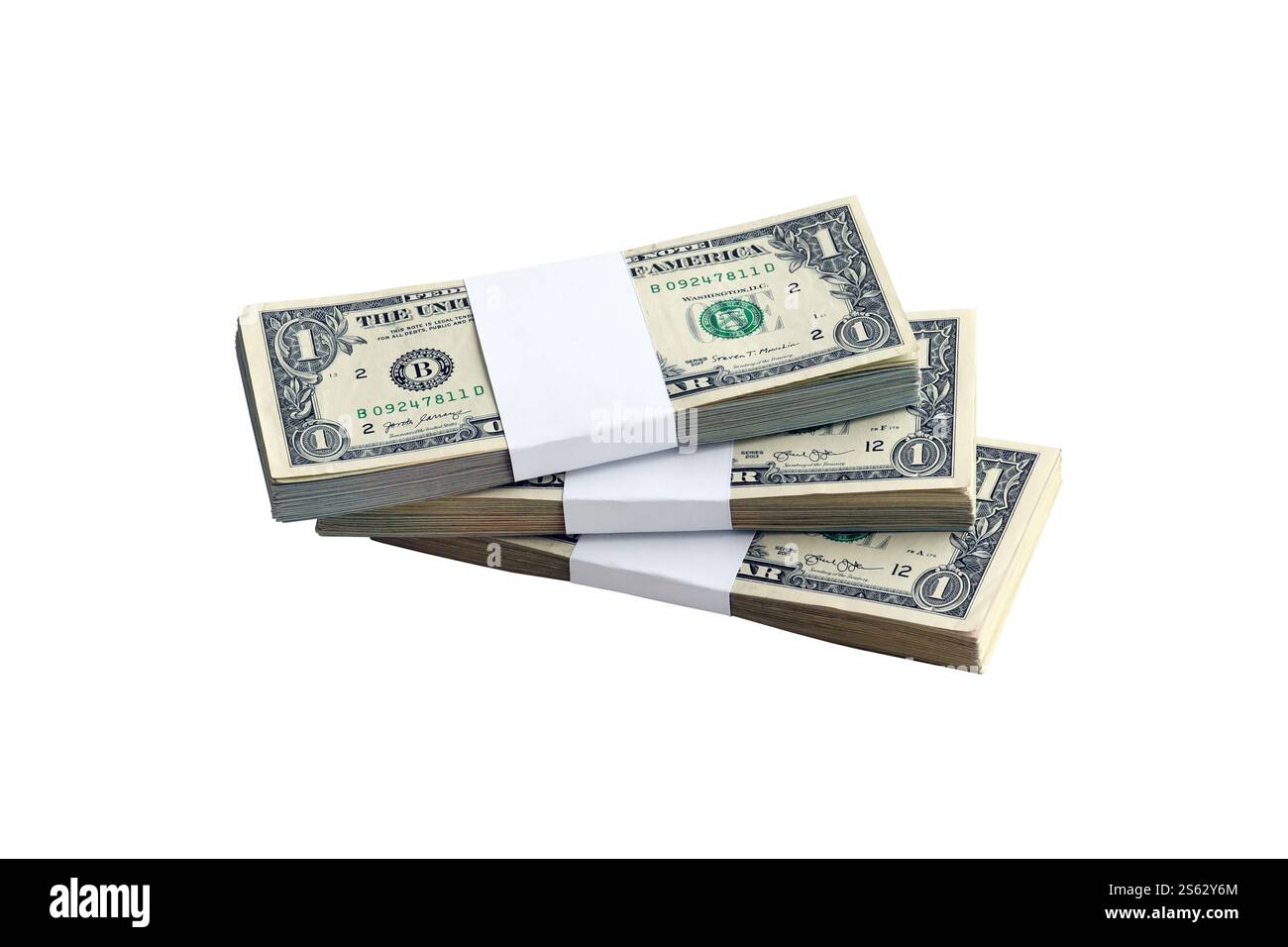 Pacchetto di banconote in dollari USA isolate su bianco. Confezione di denaro americano ad alta risoluzione su sfondo bianco perfetto come oggetto per il design. Pacchetto di Foto Stock