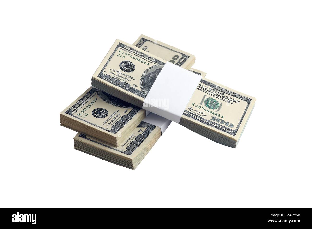 Pacchetto di banconote in dollari USA isolate su bianco. Confezione di denaro americano ad alta risoluzione su sfondo bianco perfetto come oggetto per il design. Pacchetto di Foto Stock