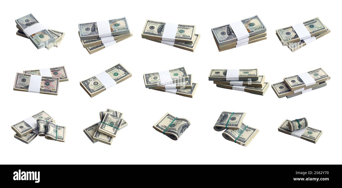 Grande serie di pacchetti di banconote in dollari USA isolate su bianco. Collage con molte confezioni di denaro americano con alta risoluzione su sfondo bianco perfetto Foto Stock