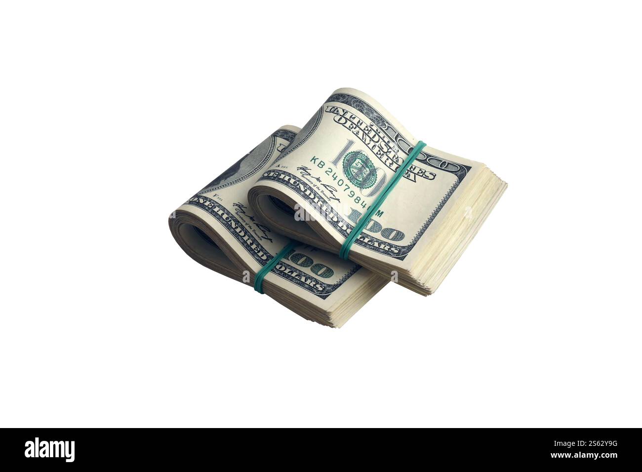 Pacchetto di banconote in dollari USA isolate su bianco. Confezione di denaro americano ad alta risoluzione su sfondo bianco perfetto come oggetto per il design. Pacchetto di Foto Stock