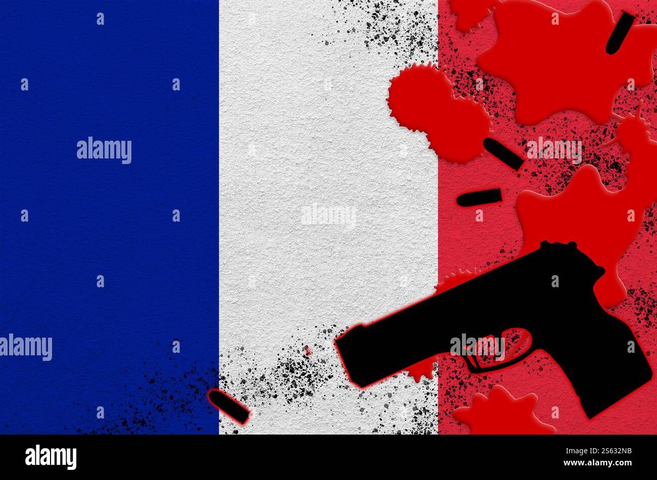 Bandiera della Francia e arma da fuoco nera a sangue rosso. Concetto di attacco terroristico o operazioni militari con esito letale. Uso pericoloso della pistola. Francia Foto Stock