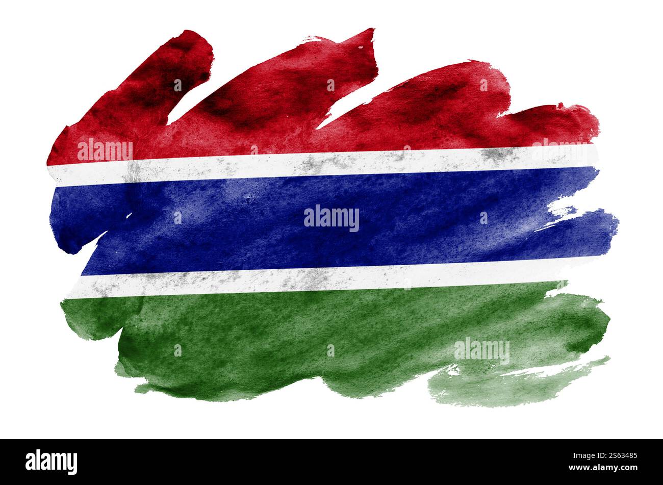 La bandiera del Gambia è raffigurata in acquerello liquido isolato su sfondo bianco. Vernice sconsiderata con l'immagine della bandiera nazionale. Giornata dell'indipendenza Foto Stock