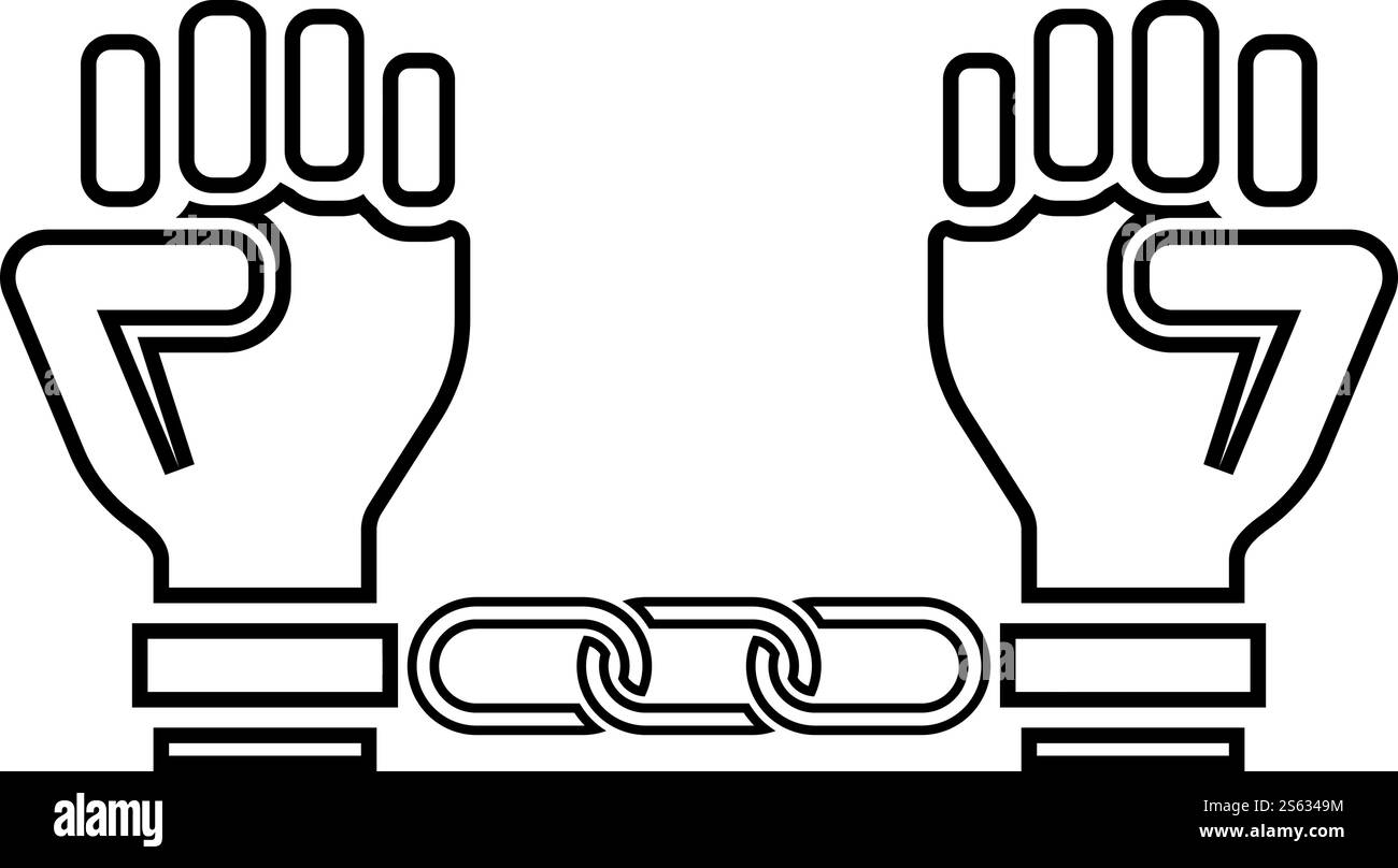 Mani ammanettate braccia umane incatenate Concept Manacles on man Detention idea Fetters confinano le catene sulla persona contorno icona colore nero illustrazione vettoriale stile piatto immagine semplice. Mani ammanettate braccia umane incatenate Manacle Concept prigioniero su uomo idea di detenzione Fetters confinano le catene sulla persona contorno dell'icona illustrazione vettoriale di colore nero immagine in stile piatto Illustrazione Vettoriale