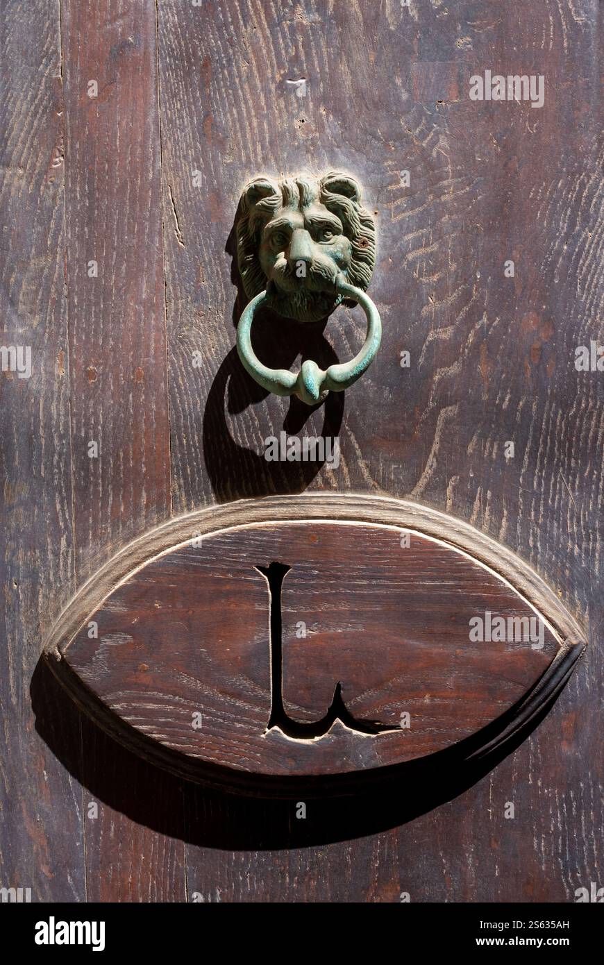 Porta di legno marrone scuro con struttura viismatica del legno. Pomello in metallo a forma di leone. Tutto illuminato dalla luce del sole. Cefalù, Sicilia, Ital Foto Stock