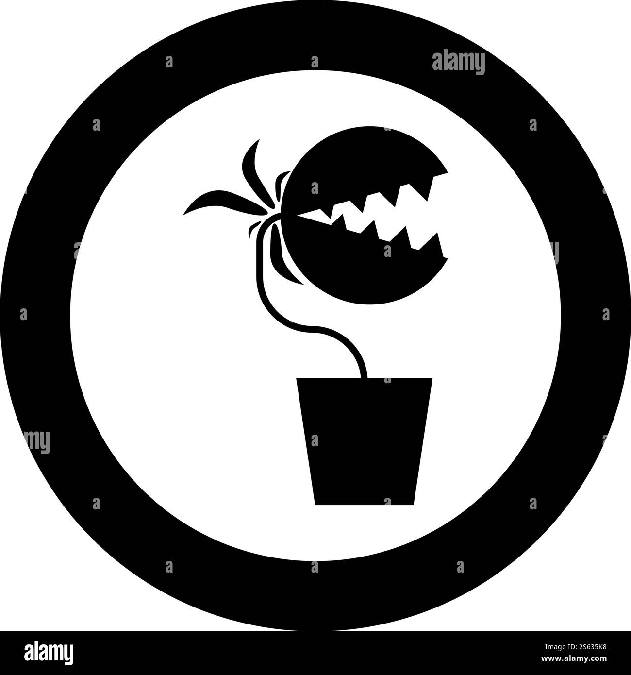 Mostro Flytrap di pianta carnivora con dentini in vaso icona in cerchio rotondo nero illustrazione vettoriale stile piatto immagine semplice. Mostro Flytrap di pianta carnivora con dentini in vaso icona in cerchio rotondo di colore nero immagine vettoriale piatta Illustrazione Vettoriale