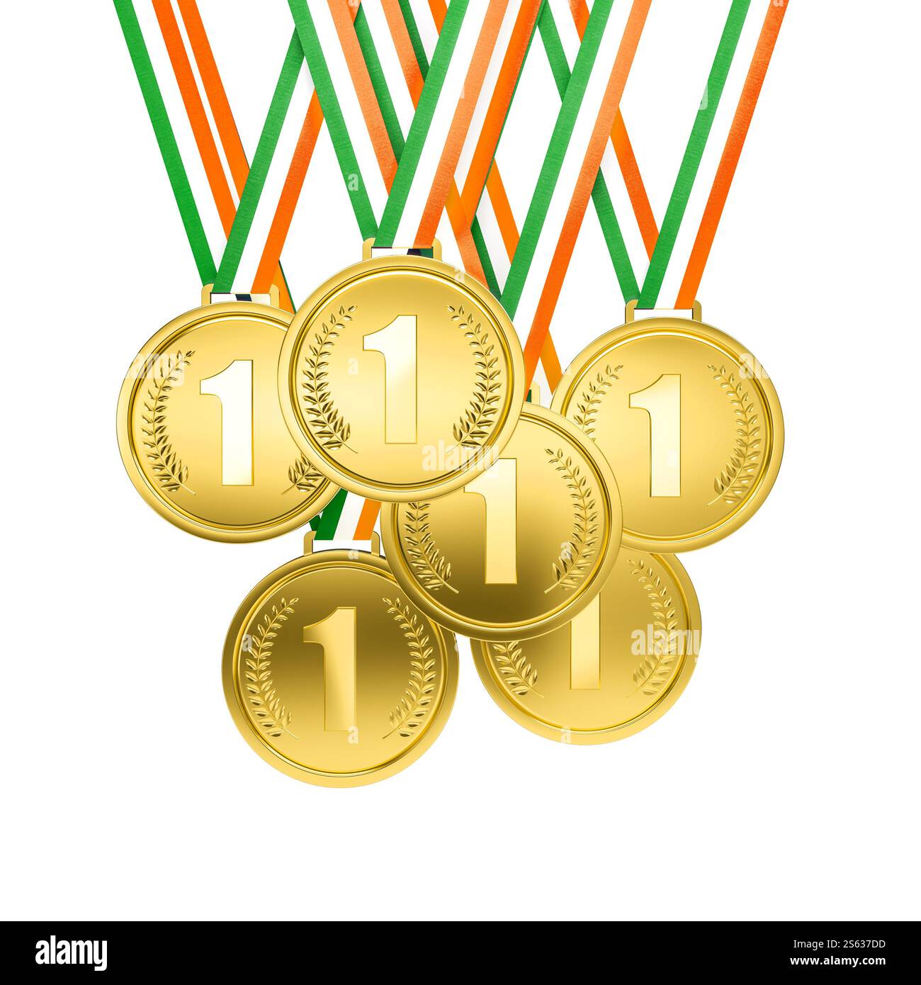 Medaglie d'oro al primo posto con i colori dell'india e dell'irlanda nastri isolati in 3d. Foto Stock