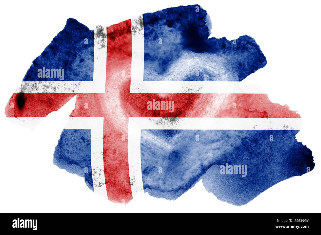 La bandiera islandese è raffigurata in stile acquerello liquido isolato su sfondo bianco. Vernice sconsiderata con l'immagine della bandiera nazionale. Indipendenza Foto Stock