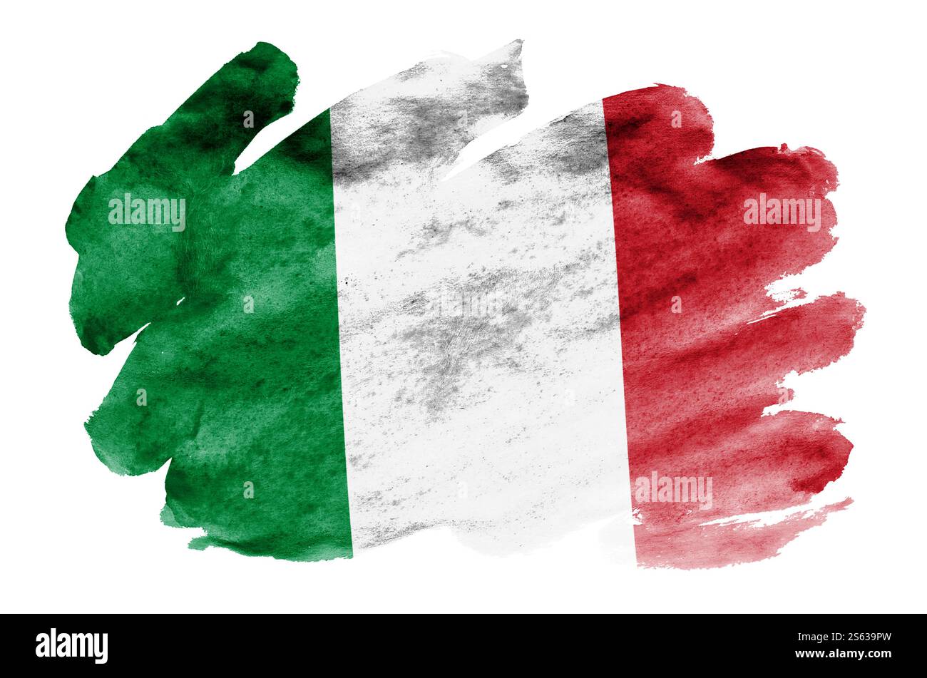 La bandiera italiana è raffigurata in acquerello liquido isolato su sfondo bianco. Vernice sconsiderata con l'immagine della bandiera nazionale. Giornata dell'indipendenza Foto Stock