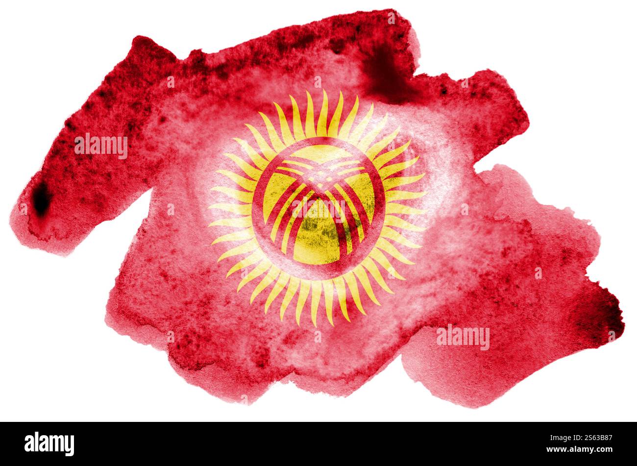La bandiera del Kirghizistan è raffigurata in acquerello liquido isolato su sfondo bianco. Vernice sconsiderata con l'immagine della bandiera nazionale. Indipendenza Foto Stock
