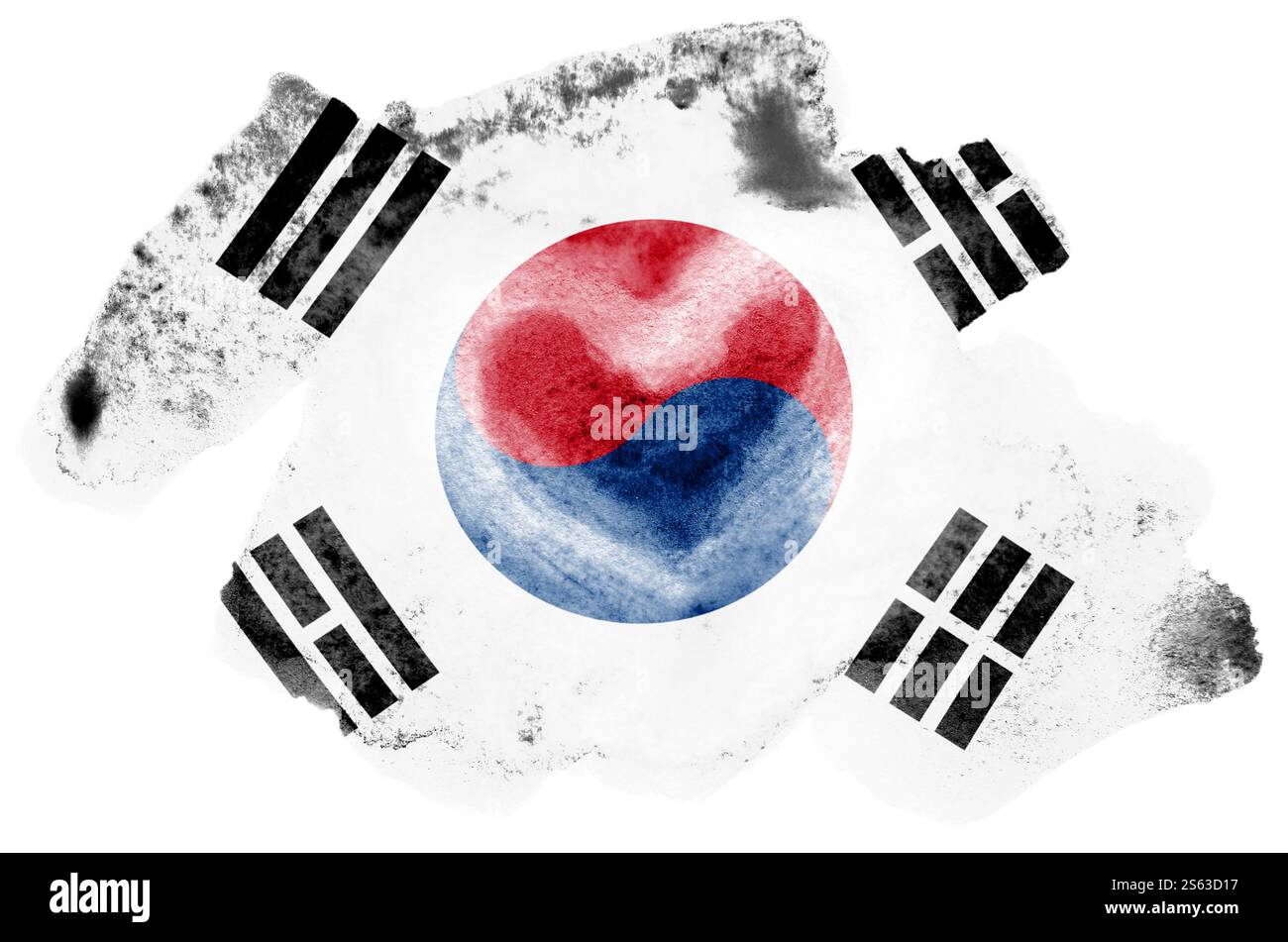 La bandiera della Corea del Sud è raffigurata in acquerello liquido isolato su sfondo bianco. Vernice sconsiderata con l'immagine della bandiera nazionale. Foto Stock