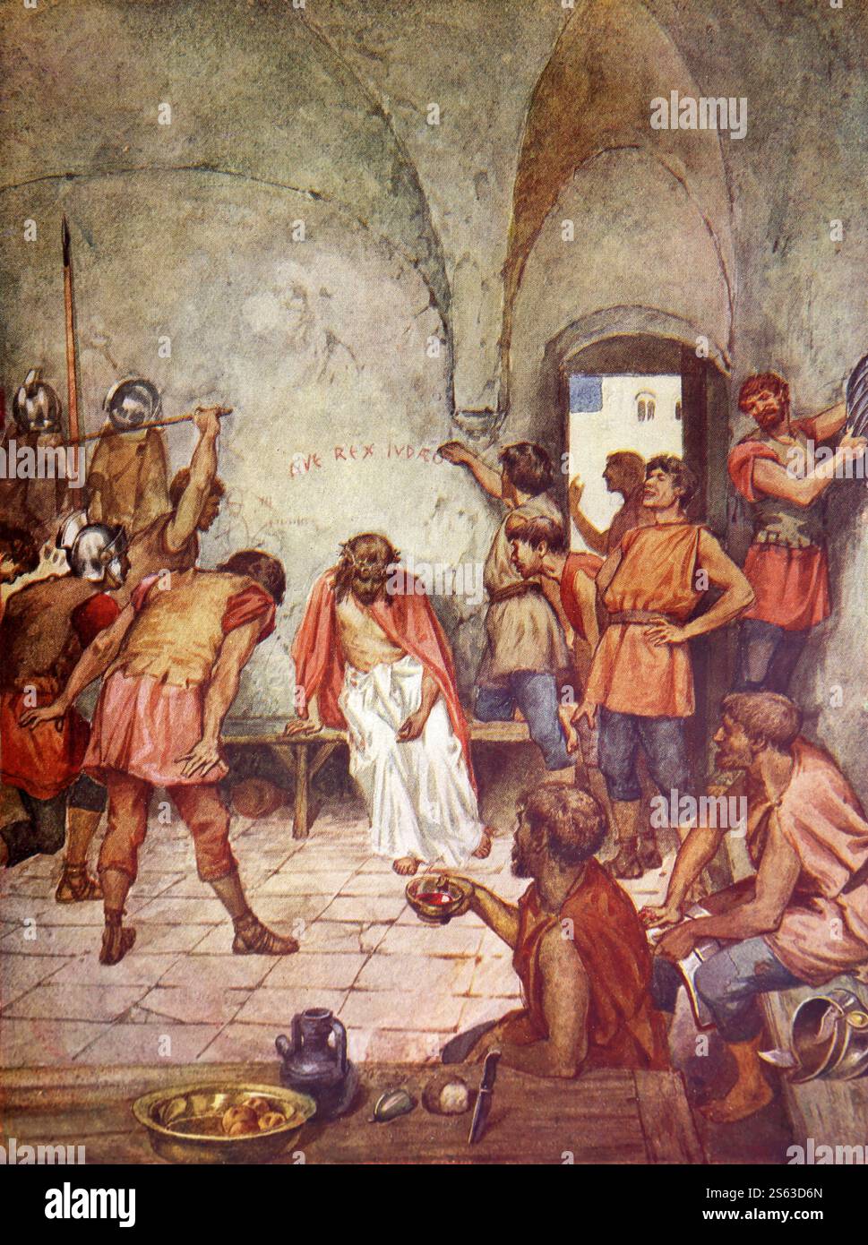 Piatto colorato di soldati romani che prendono in giro Gesù Cristo come il "Re degli ebrei", mentre Cristo indossa la veste scarlatta e la Corona delle spine del 1906/10 Foto Stock
