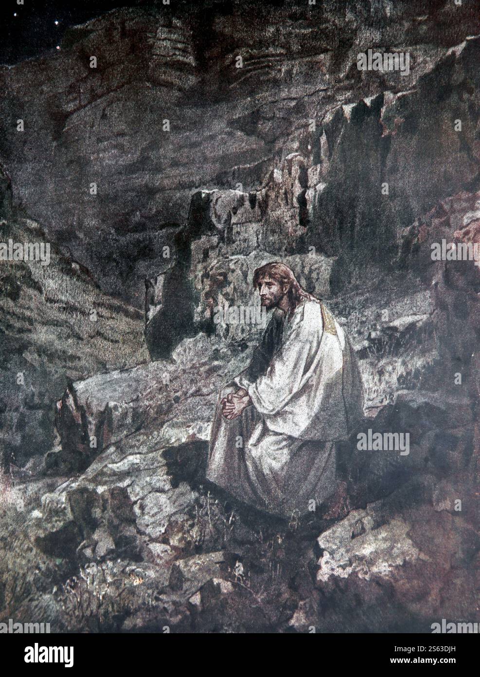 Piatto colorato di Gesù Cristo nella natura selvaggia per i quaranta giorni e le quaranta notti (Marco) dal 1906-10 la vita di Gesù di Nazareth ritratta in colo Foto Stock