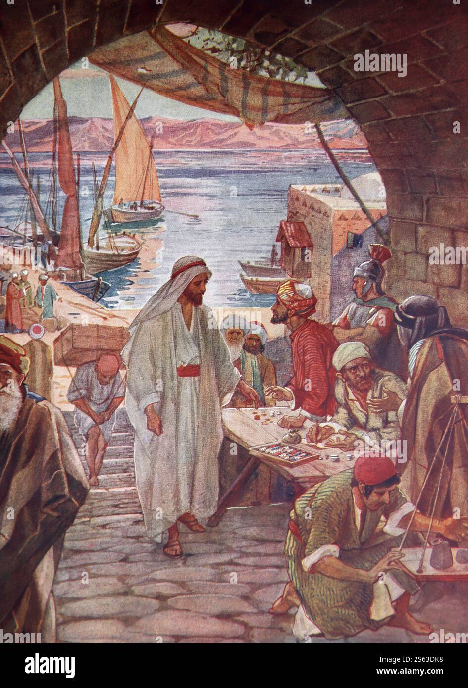 Piatto colorato di Gesù Cristo che incontra il Publicano di nome Levi (Apostolo Matteo) mentre raccoglieva le tasse e gli disse: "Seguimi" Lev Foto Stock