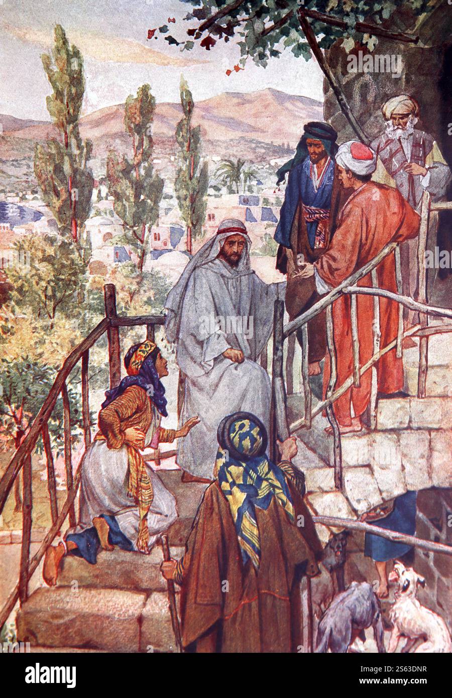 Piatto colorato di donna (cananea) che implorava Gesù di aiutare la figlia posseduta dal demone del 1906-10 la vita di Gesù di Nazareth ritratta in colou Foto Stock