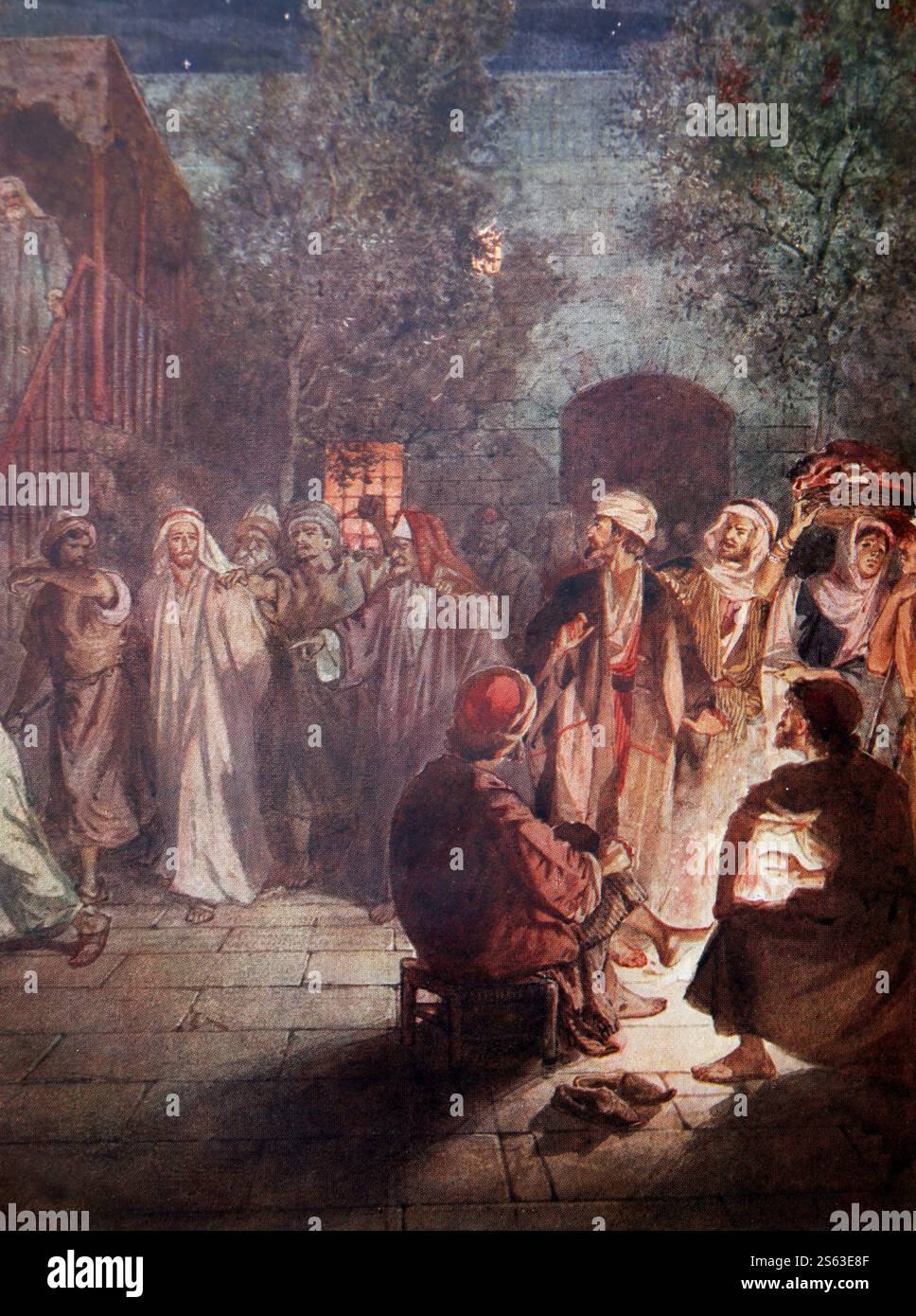 Piatto colorato di Pietro che nega il suo Signore dopo che Gesù fu arrestato dal 1906/10 la vita di Gesù di Nazareth raffigurata a colori Foto Stock
