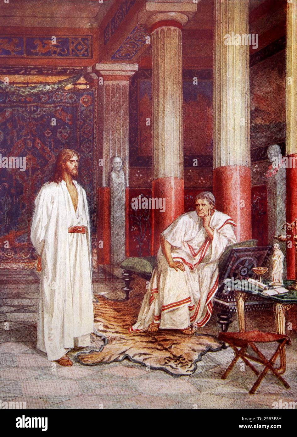 Piatto colorato di Gesù Cristo che parla a Ponzio Pilato nel Palazzo dal 1906/10 la vita di Gesù di Nazareth raffigurata a colori Foto Stock