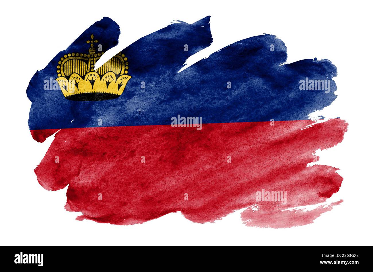 La bandiera del Liechtenstein è raffigurata in acquerello liquido isolato su sfondo bianco. Vernice sconsiderata con l'immagine della bandiera nazionale. Foto Stock