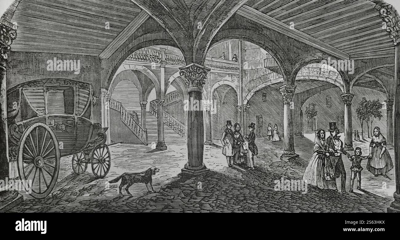 Palma, Maiorca, Isole Baleari, Spagna. Cortile di CAN Vivot. Incisione. Crónica General de España, Historia Ilustrada y Descriptiva de sus Provincias (Cronaca generale di Spagna, illustrata e descrittiva storia delle sue Province), Baleari, 1871. Foto Stock