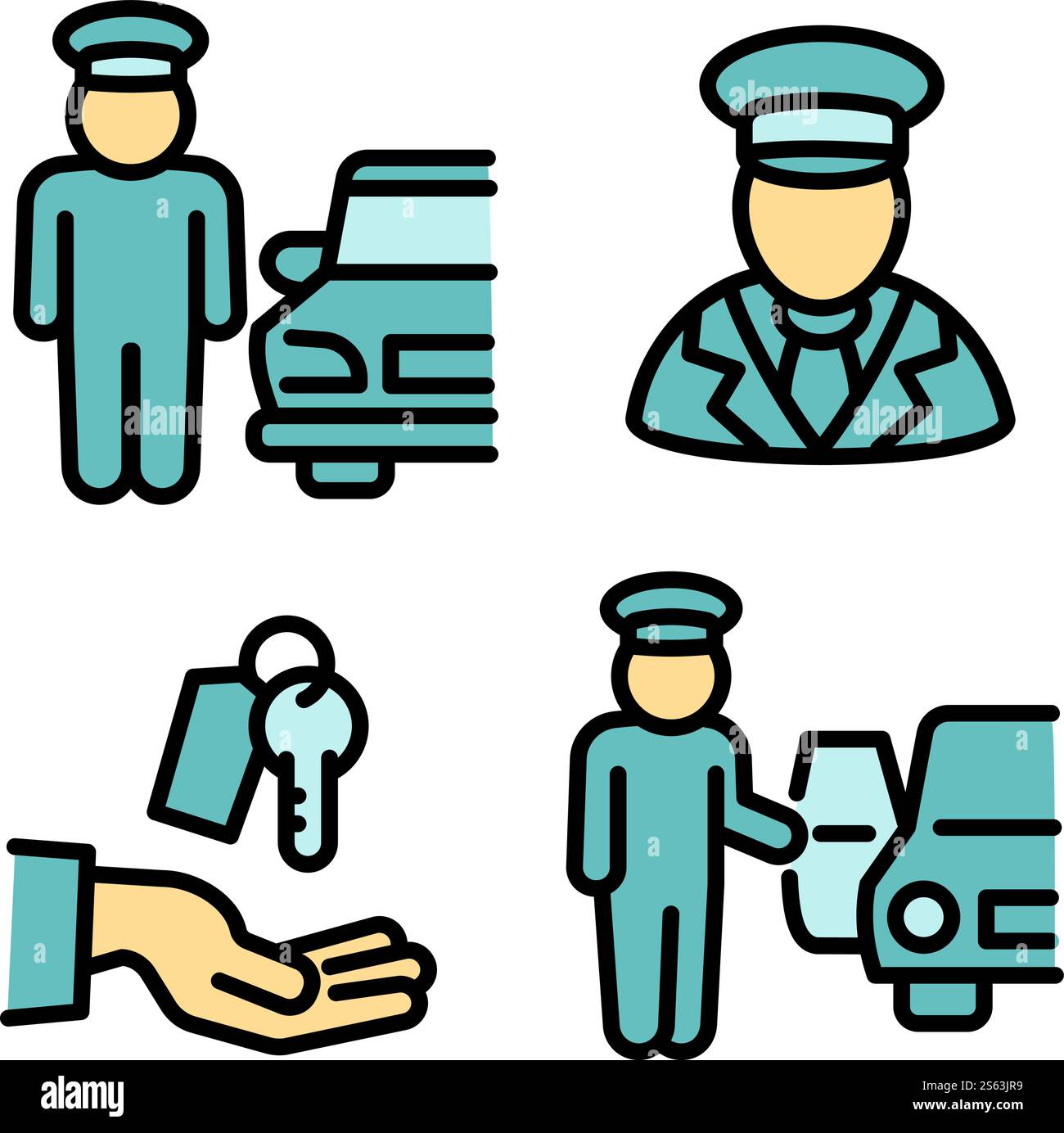 Set di icone Valet. Contorno delle icone vettoriali di Valet per il web design isolato su sfondo bianco. Set di icone Valet, stile del contorno Illustrazione Vettoriale