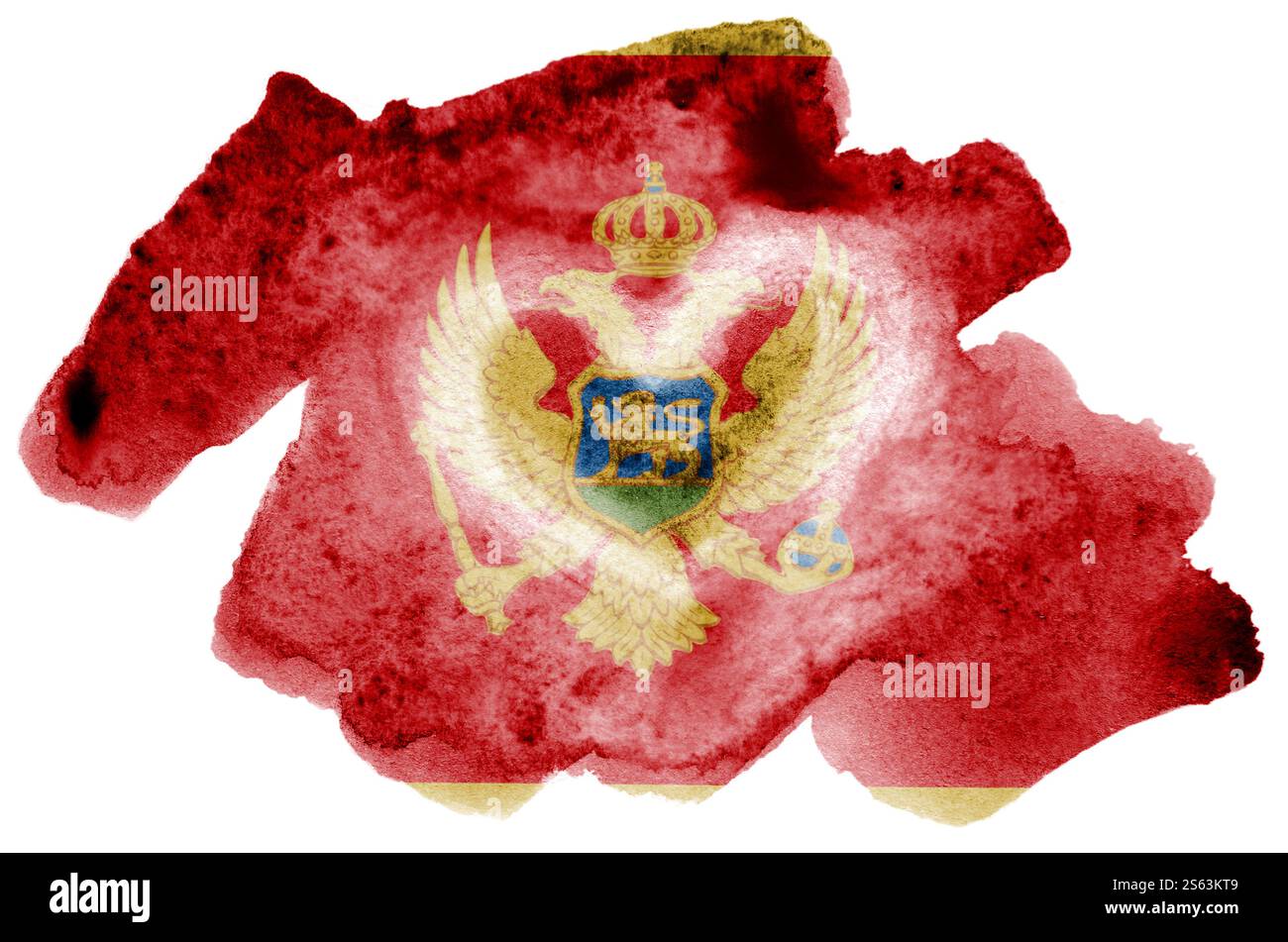 La bandiera del Montenegro è raffigurata in acquerello liquido isolato su sfondo bianco. Vernice sconsiderata con l'immagine della bandiera nazionale. Indipendenza Foto Stock