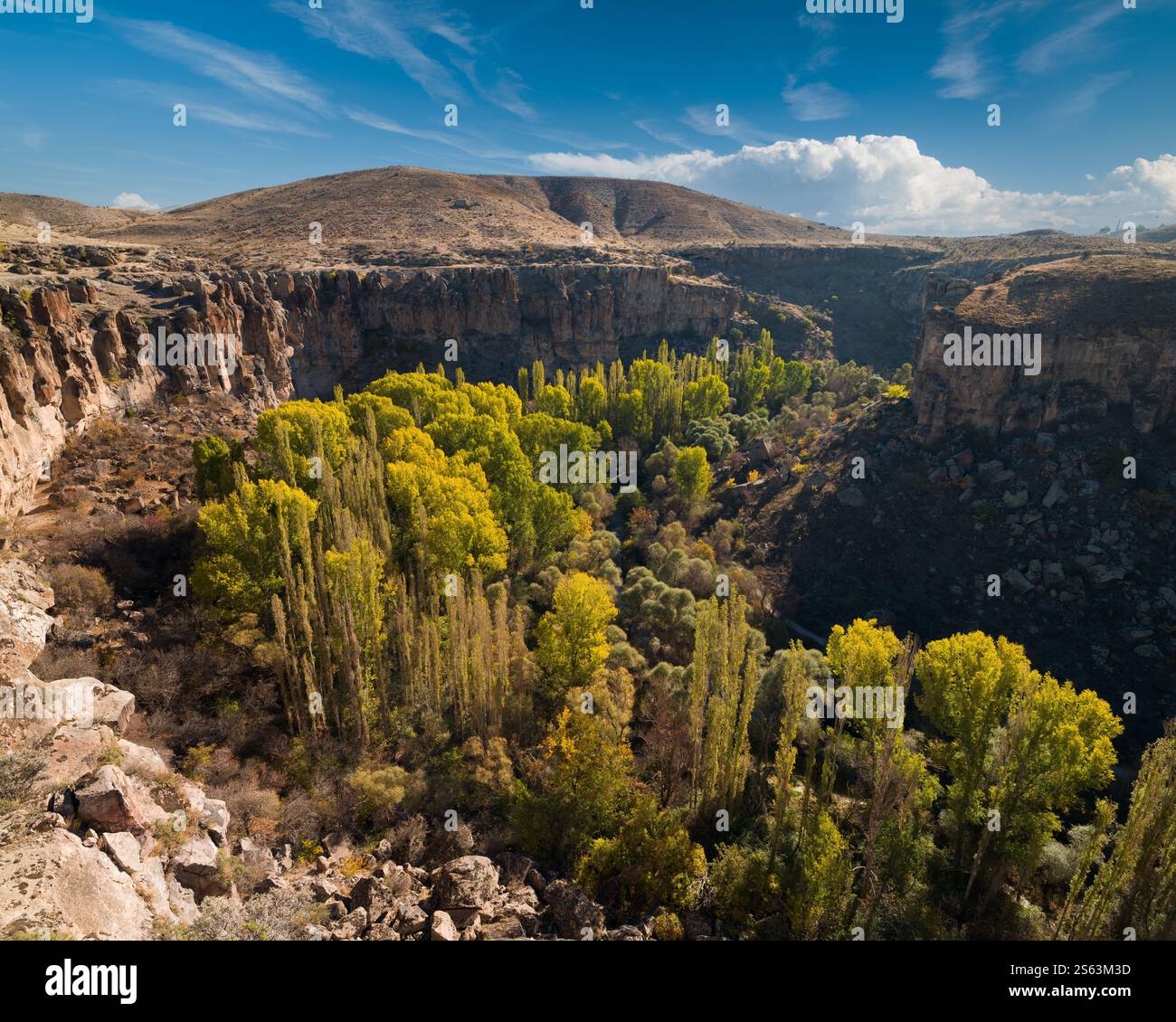 Valle di Ihlara con l'inizio dell'autunno. Ihlara è una popolare attrazione turistica in Turchia. Distretto di Guzelyurt, provincia di Aksaray, paese della Turchia Foto Stock