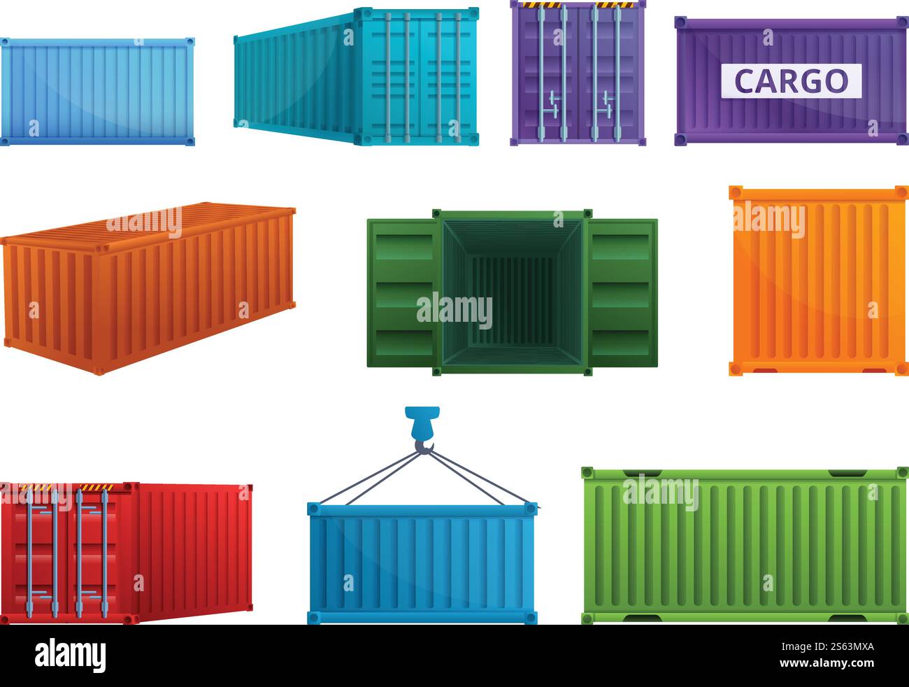 Set icone container cargo. Set cartoni animati di icone vettoriali per container cargo per il web design. Set di icone per container cargo, stile cartone animato Illustrazione Vettoriale