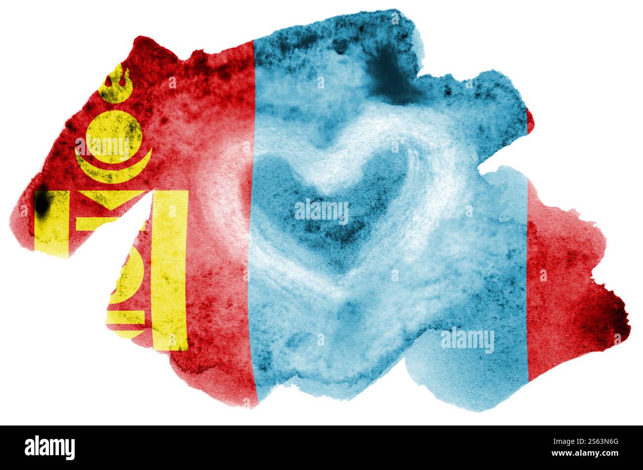 La bandiera della Mongolia è raffigurata in acquerello liquido isolato su sfondo bianco. Vernice sconsiderata con l'immagine della bandiera nazionale. Indipendenza Foto Stock
