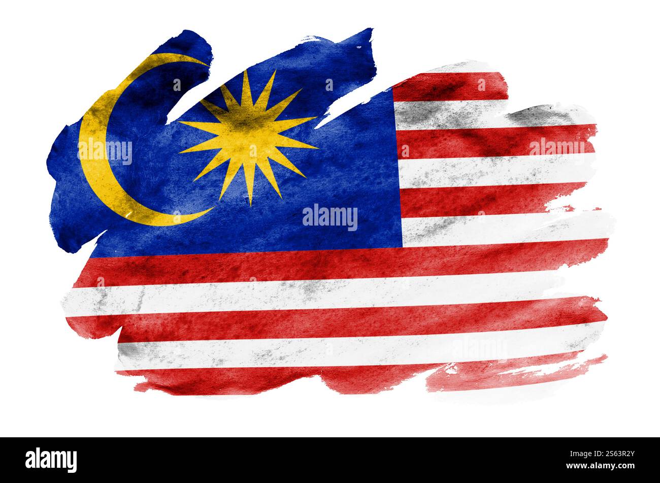 La bandiera della Malesia è raffigurata in acquerello liquido isolato su sfondo bianco. Vernice sconsiderata con l'immagine della bandiera nazionale. Indipendenza Foto Stock