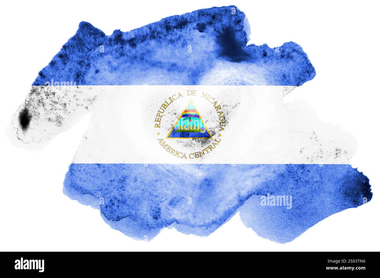 La bandiera del Nicaragua è raffigurata in stile acquerello liquido isolato su sfondo bianco. Vernice sconsiderata con l'immagine della bandiera nazionale. Indipendenza Foto Stock