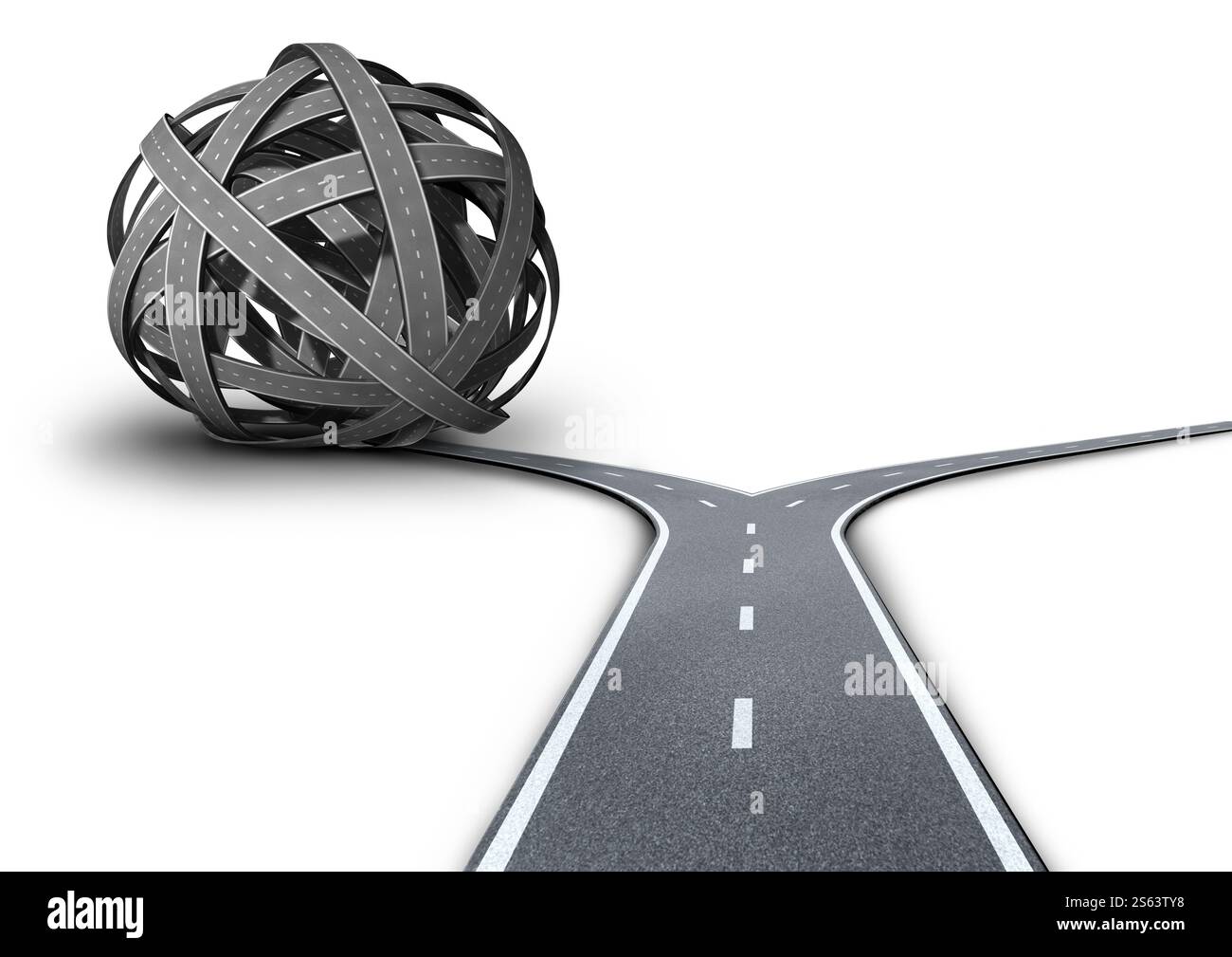 Semplicità o complessità concetto di percorso aziendale come scegliere strade confuse o percorso chiaro per il successo come un bivio nella metafora dell'incrocio stradale Foto Stock