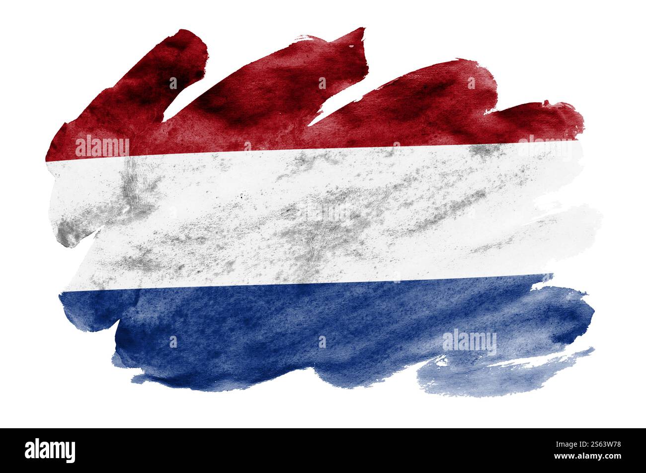 La bandiera olandese è raffigurata in acquerello liquido isolato su sfondo bianco. Vernice sconsiderata con l'immagine della bandiera nazionale. Foto Stock