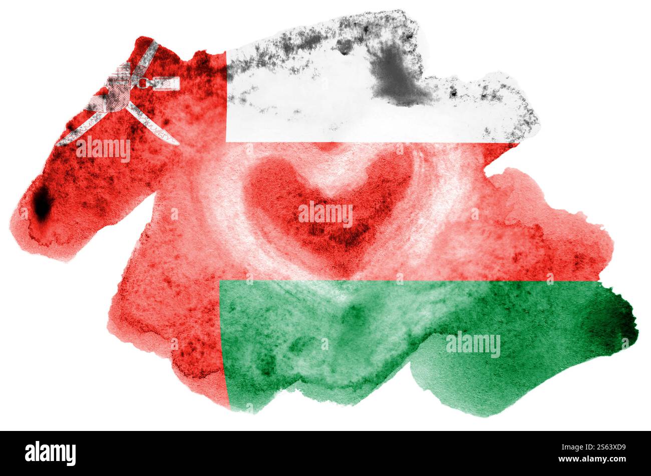 La bandiera dell'Oman è raffigurata in acquerello liquido isolato su sfondo bianco. Vernice sconsiderata con l'immagine della bandiera nazionale. Giornata dell'indipendenza Foto Stock