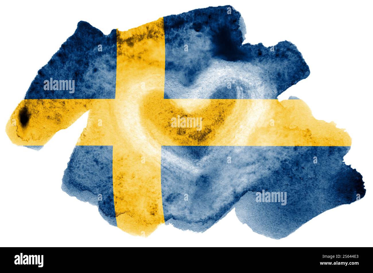 La bandiera svedese è raffigurata in acquerello liquido isolato su sfondo bianco. Vernice sconsiderata con l'immagine della bandiera nazionale. Giornata dell'indipendenza Foto Stock