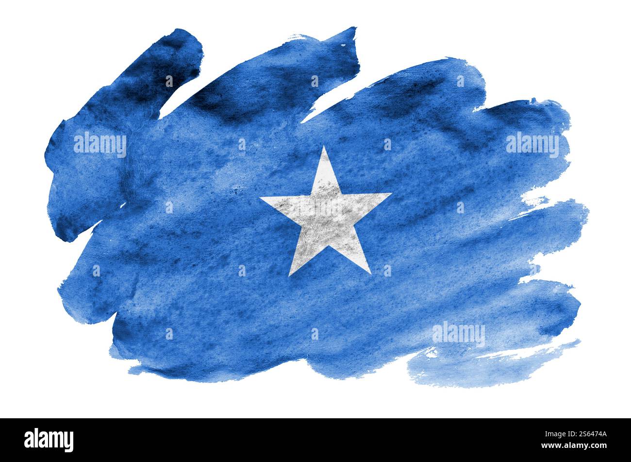 La bandiera della Somalia è raffigurata in acquerello liquido isolato su sfondo bianco. Vernice sconsiderata con l'immagine della bandiera nazionale. Indipendenza Foto Stock