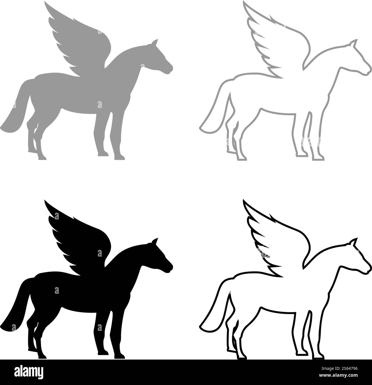 Pegasus silhouette di cavallo alato creatura mitica favolosa contorno di un animale, illustrazione vettoriale di colore grigio nero, stile piatto immagine semplice. Pegasus silhouette di cavallo alato creatura mitica favolosa contorno di un animale, illustrazione vettoriale di colore grigio nero, immagine piatta Illustrazione Vettoriale