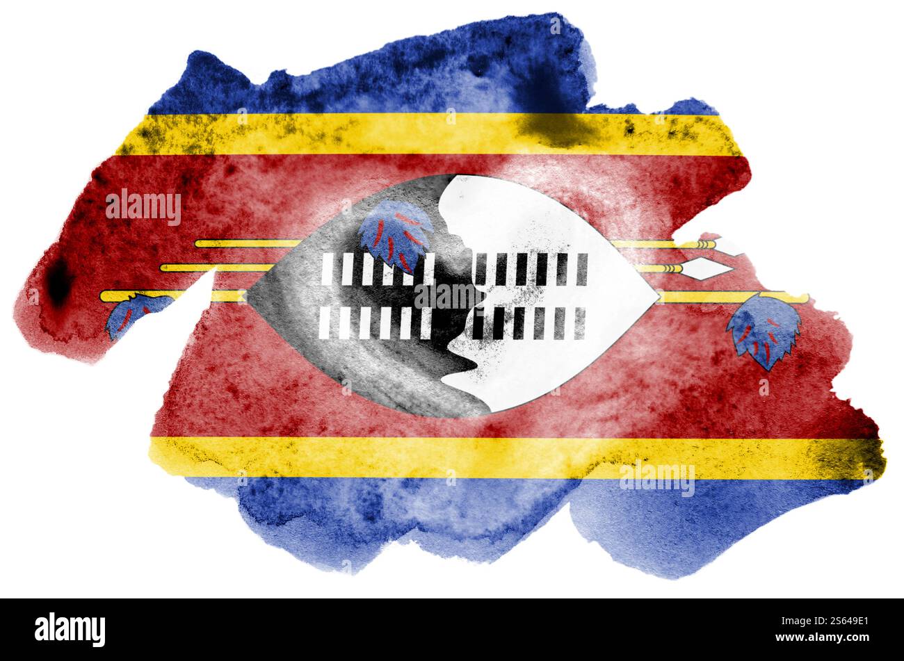 La bandiera dello Swaziland è raffigurata in stile acquerello liquido isolato su sfondo bianco. Vernice sconsiderata con l'immagine della bandiera nazionale. Indipendenza Foto Stock