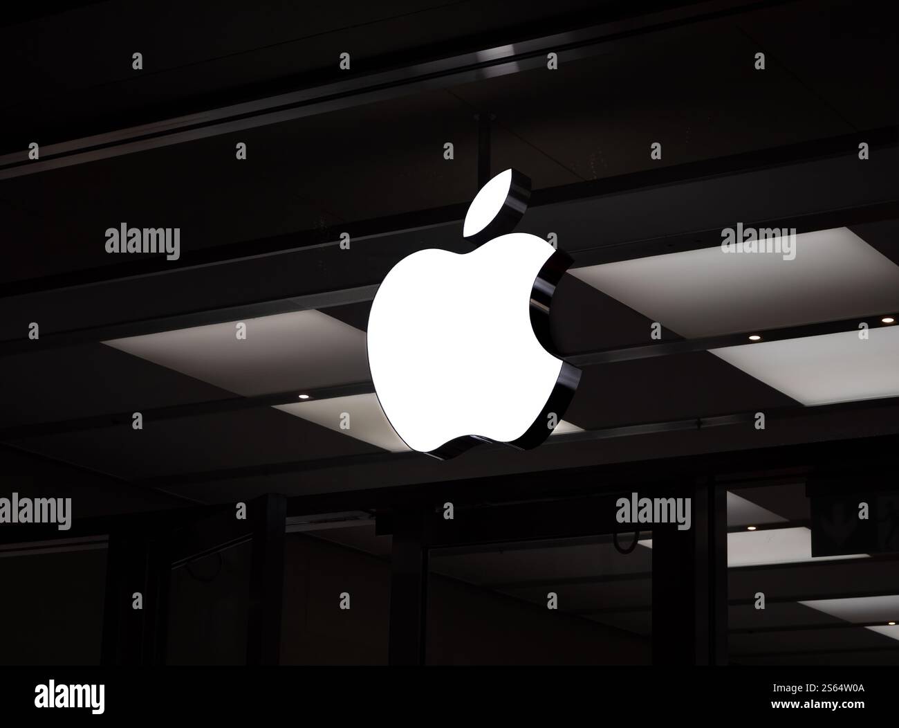 Basilea, Svizzera - 23 dicembre 2024: Il logo Apple si illumina su una facciata oscurata dell'Apple Store - lo scatto notturno minimalista sottolinea l'ae moderno del marchio Foto Stock