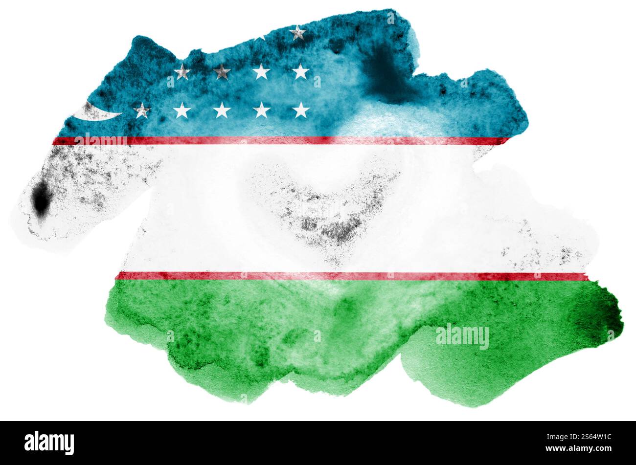La bandiera dell'Uzbekistan è raffigurata in acquerello liquido isolato su sfondo bianco. Vernice sconsiderata con l'immagine della bandiera nazionale. Indipendenza Foto Stock