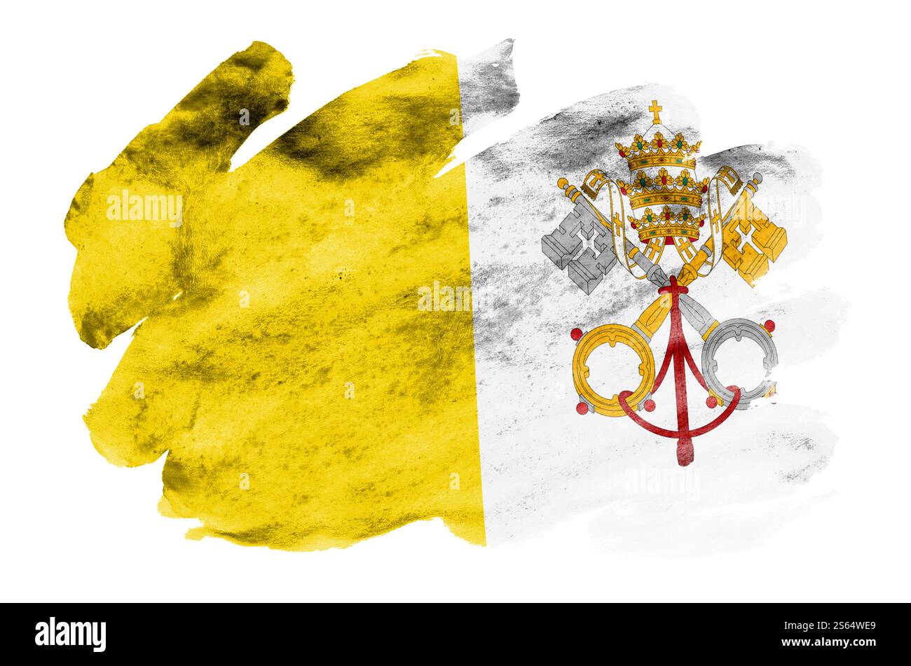 La bandiera dello Stato della città del Vaticano è raffigurata in acquerello liquido isolato su sfondo bianco. Vernice sconsiderata con l'immagine della bandiera nazionale. Foto Stock