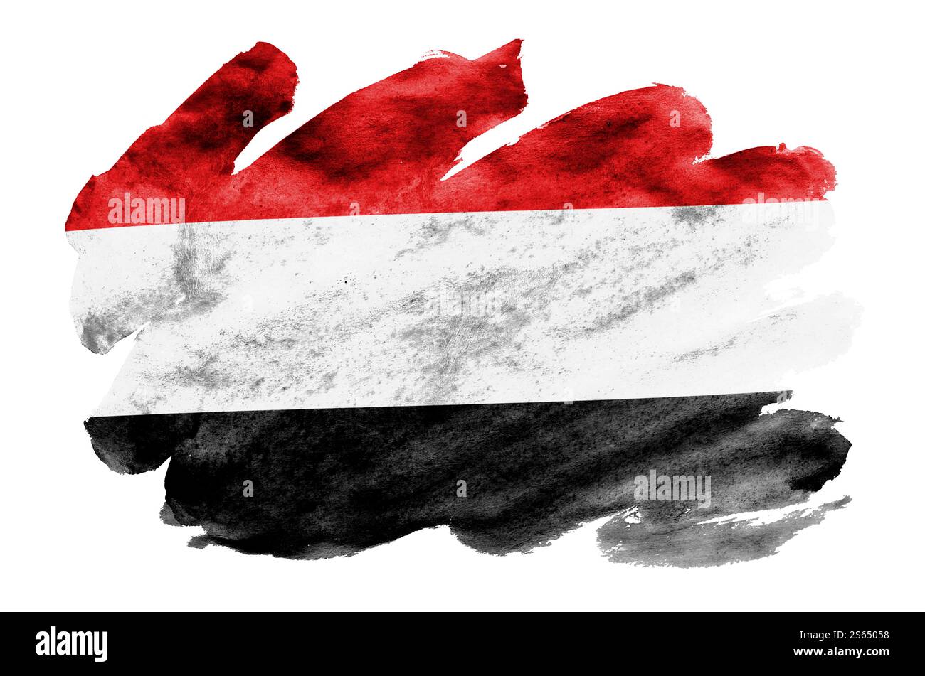 La bandiera dello Yemen è raffigurata in acquerello liquido isolato su sfondo bianco. Vernice sconsiderata con l'immagine della bandiera nazionale. Giornata dell'indipendenza Foto Stock