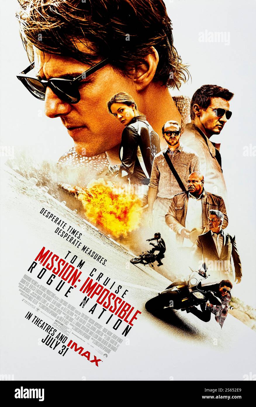 Mission: Impossible - Rogue Nation (2015) diretto da Christopher McQuarrie e interpretato da Tom Cruise, Rebecca Ferguson e Jeremy Renner. L'agente dell'FMI Ethan Hunt deve affrontare un'organizzazione canaglia chiamata Sindacato che si dedica a creare un nuovo ordine mondiale attraverso attacchi terroristici. Fotografia di un poster originale del 2015 USA a un foglio SOLO PER USO EDITORIALE. Credito: Immagini BFA/Paramount Foto Stock