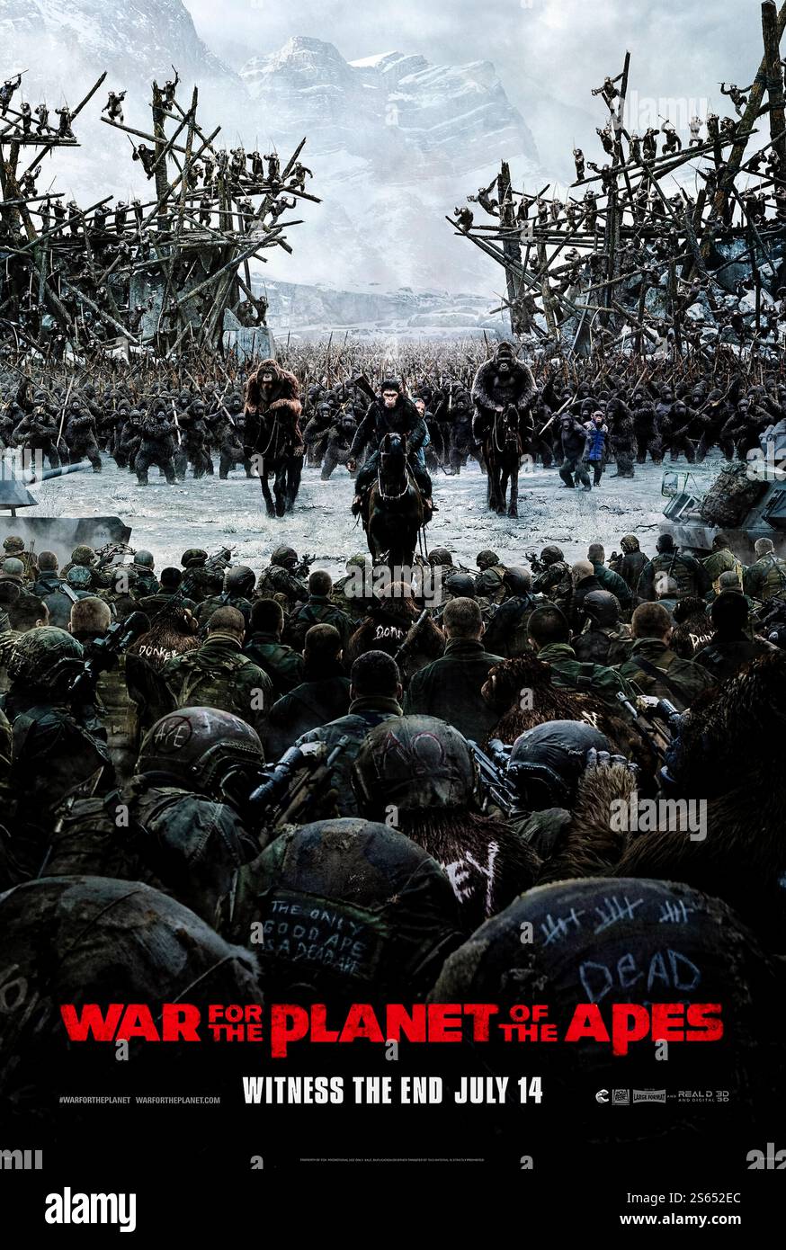 War for the Planet of the Apes (2017) diretto da Matt Reeves e interpretato da Andy Serkis, Woody Harrelson e Steve Zahn. Cesare guida le sue scimmie in un conflitto mortale contro gli umani mentre combatte con i suoi stessi istinti oscuri. Fotografia di un poster originale del 2017 US Advance. SOLO PER USO EDITORIALE. Crediti: BFA / 20th Century Fox Foto Stock