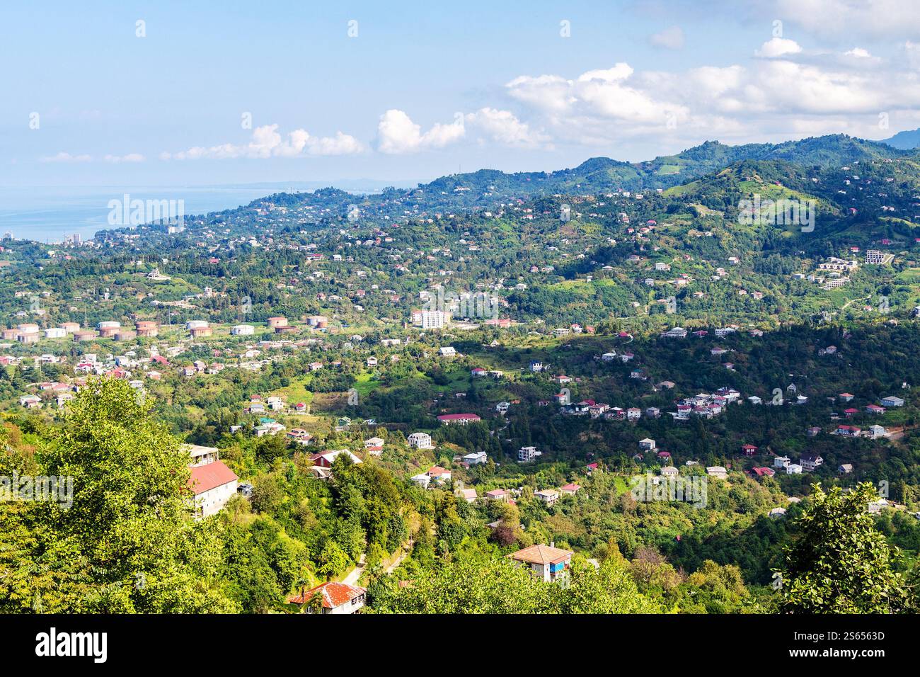 Viaggio in Georgia - vista dei sobborghi della città di Batumi dalla collina di Sameba nel soleggiato giorno autunnale Foto Stock