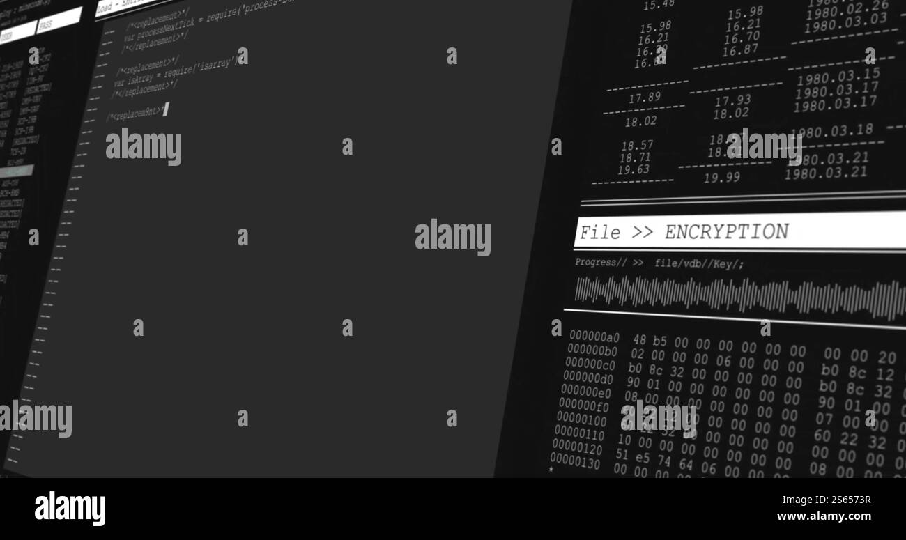 Immagine avanzamento crittografia file su codice computer e dati binari Foto Stock